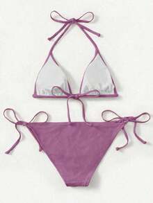 Women's Simple Solid Color Swim Bikini With A Halter Neck And Cutout, Suitable For Beach Vacations And Summer. - Mauve Purple - View 2