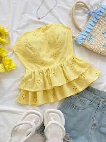 Blusa amarilla casual de verano estilo peplum sin espalda con lazo para mujer, look casual para vacaciones, almuerzo o de regreso a clases - Amarillo claro - Ver 8