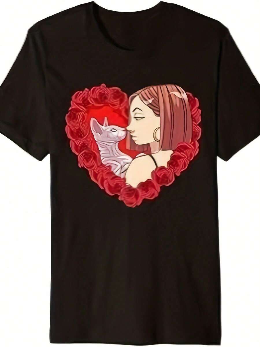 Camiseta de mujer para el Día de San Valentín - Corazón negro con rosas rojas y gráfico de gato blanco - Camiseta casual ligera de 220gsm - Regalo perfecto para madres y mujeres de gatos - Ropa para mascotas de todas las estaciones, camiseta de gato, camiseta cómoda, camiseta con patrón geométrico, calidad de impresión duradera, tejido de alta calidad, camiseta de manga corta, ropa de gato elegante, material transpirable, camiseta impresa, mujer adulta - Negro - Ver 1