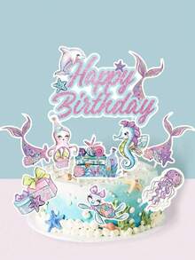 17件套美人鱼蛋糕装饰套装，海洋主题生日快乐甜点装饰签，包含美人鱼、水母、海豚、海马图案，紫色和蓝色纸质装饰，生日和夏季海洋主题派对用品，甜点桌装饰 - 多色 - 查看 10