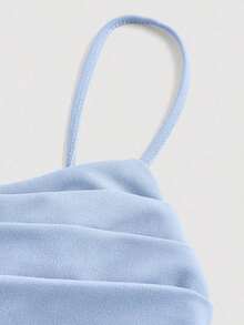 Elegante vestido de tirantes con fruncido en la cintura de color liso - Celeste - Ver 3