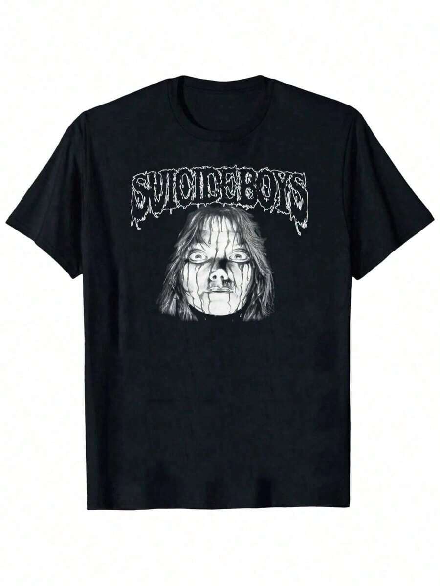 1 Piece Suicideboy Men's Graphic T-Shirt - Casual Black Urban Style T-Shirt, Ripped Face Design, Crew Neck, Short Sleeve, Summer Top, Machine Washable, Suicideboy Era Tour Graphic Print T-Shirts For Men, Harajuku Hip Hop Rock Style T-Shirts, Fashionable Unisex T-Shirts, Regular Size, Urban T-Shirt, 210g 100% Cotton, All Designs Are Printed. Unisex. - 黑色 8 - 查看 1
