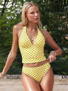 Top ajustado sin mangas con tirantes finos, escote en V y estampado de lunares, un top de bikini de verano a la moda - Multicolor 3 - Ver 4
