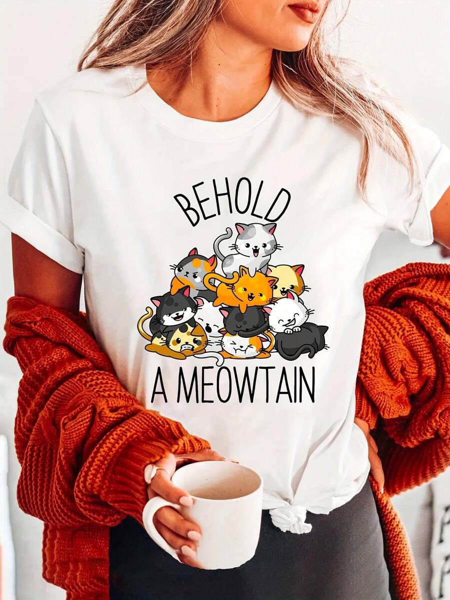 Gifts For Cat Lovers: Look At A Mountain Of Meows! Cute Kittens, Fashion Cats, Letter Print T-Shirt, Short Sleeve, Round Neck, Casual Top For Summer And Spring, Women's Clothing - 白色 - 查看 1