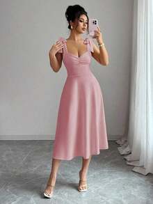 elegante y romántico para mujer con lazo decorativo en la cintura y corte evasé sin mangas - Rosa vieja - Ver 6