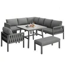 Rope Garden Furniture Set With Galvanized Iron Frame, Adjustable Feet, Corner Sofa, Tempered Glass Tabletop, Seat And Back Cushions Included, Grey - 灰色 - 查看 1