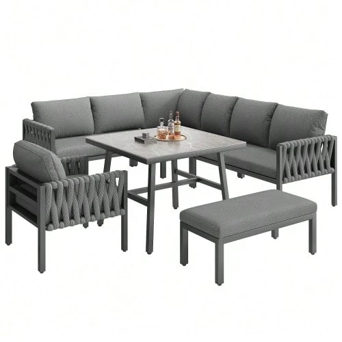 Rope Garden Furniture Set With Galvanized Iron Frame, Adjustable Feet, Corner Sofa, Tempered Glass Tabletop, Seat And Back Cushions Included, Grey - 灰色 - 查看 1