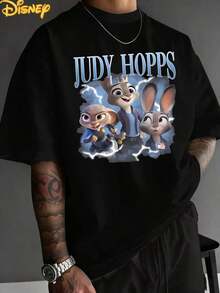 Disney Judy Hopps Multi-Image Collage: Lightning Effect Officer Theme Print Men's T-Shirt. Stylish Design, Simple And Versatile, Full Of Fashion Sense, Round Neck, Men's Pure Cotton T-Shirt With Bound Edges, Summer Casual. - Black - View 1