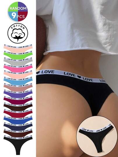 9pcs/Pack Women's Low Waist Letter Jacquard Seamless Thong Panties, Cotton Casual Comfortable Minimalist Stretch Sports Breathable Underwear