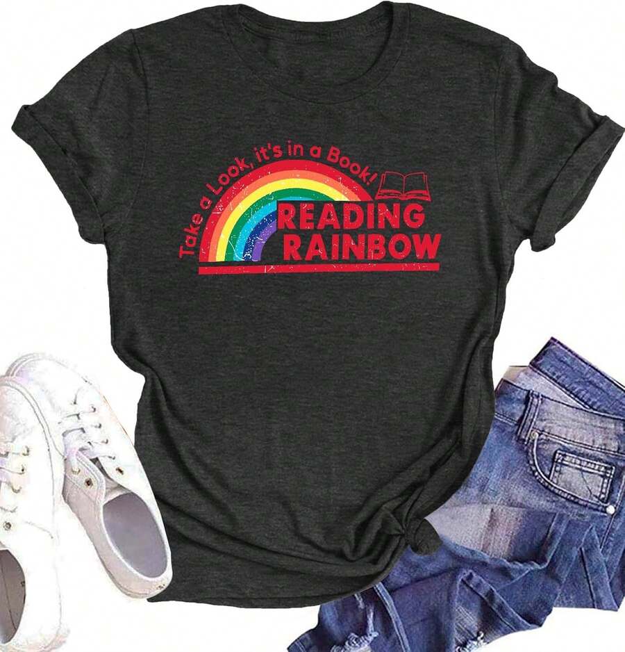 Playera de lectura arcoíris para mujer: camiseta de lectura para profesores, playera divertida con gráficos de arcoíris, regalo para amantes de los libros. - Negro - Ver 1
