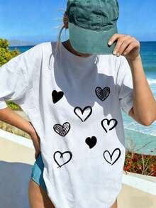Camiseta de moda femenina de verano de manga corta camiseta de moda casual al aire libre 'love' estampado camiseta casual femenina con patrón relajado - Blanco - Ver 2