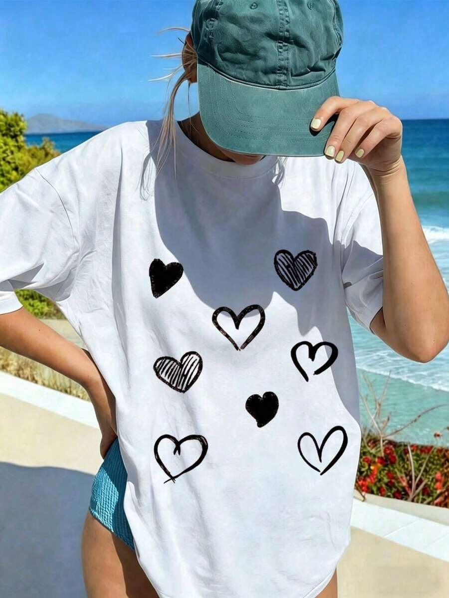 Women's Summer Fashion Short Sleeve T-Shirt Casual Outdoor Fashion 'love' Print Casual Women's T-Shirt With Relaxed Pattern - 白色 - 查看 1