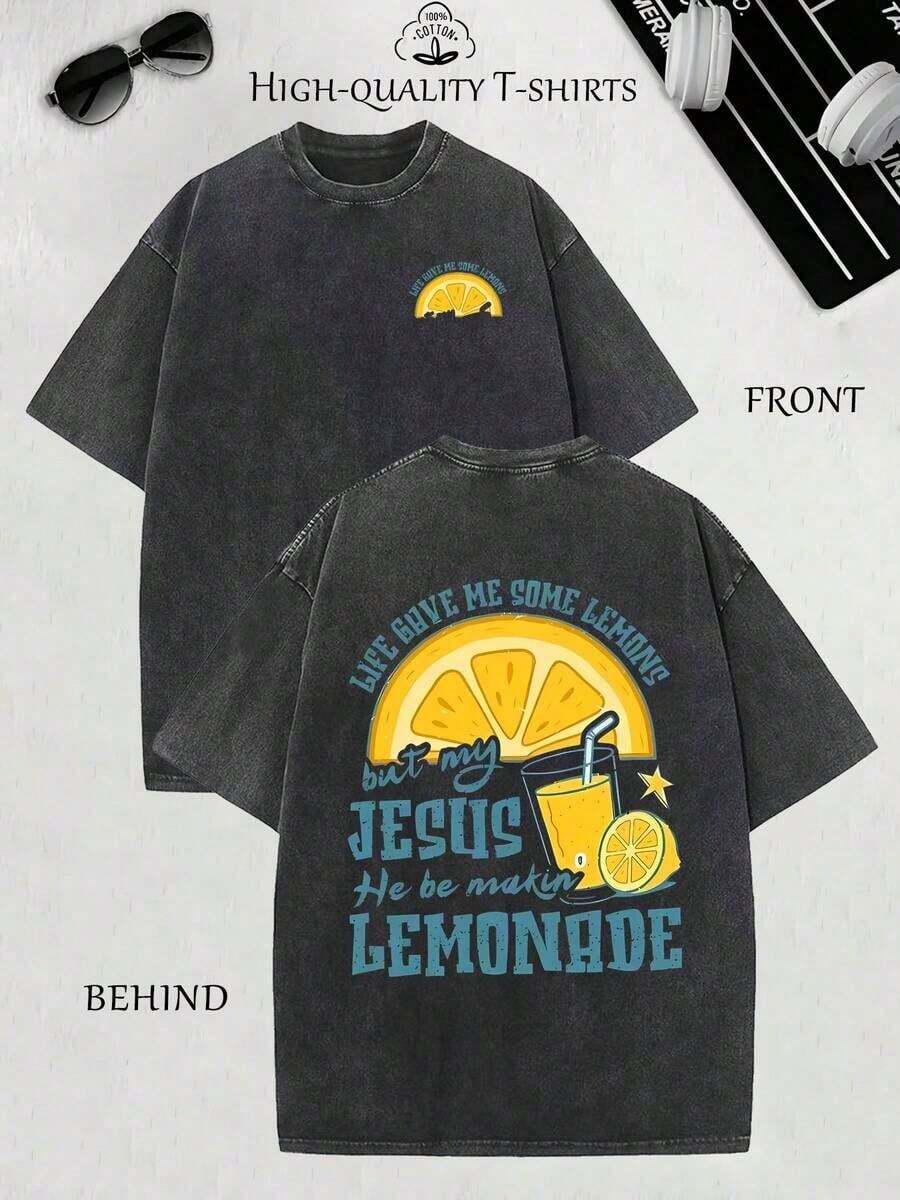 Men's 2026 Vintage Style Lemonade Print T-Shirt - Vintage Lemonade Design With Lemons And An Image Of Jesus On The Front And Back, Short-Sleeved T-Shirt With A Distressed Effect, Casual Summer Lemonade Stand Theme, Crew Neck, Available In Large And Extra-Large Sizes, High-Quality Wax-Printed Cotton Retro Fashion Brand T-Shirt, Men's T-Shirt, Beach Must-Have, Summer T-Shirt For Men, Holiday Gift, Perfect Gift, Women's Graphic Tees, Graphic Tee, T-Shirts (Retro Style, Heavyweight, Unisex). - 黑色 - 查看 1