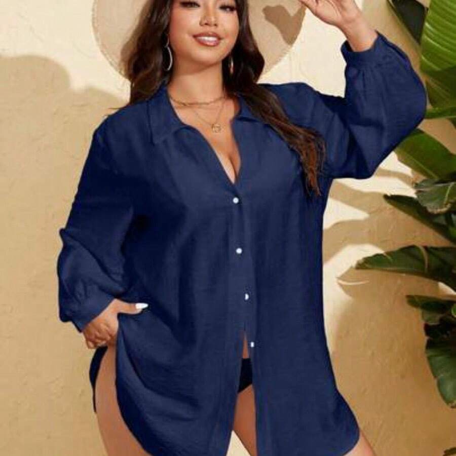 Swim Vcay Women Plus Size Single Stripe Button Down Long Sleeve Blouse, Resort Beach Casual Cover Up For Summer Beach Vacation - Azul Marino - Ver 1