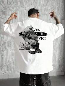 Camiseta de algodón de manga corta negra con estampado de retrato de escultura abstracta para hombres DA8T - Blanco - Ver 8