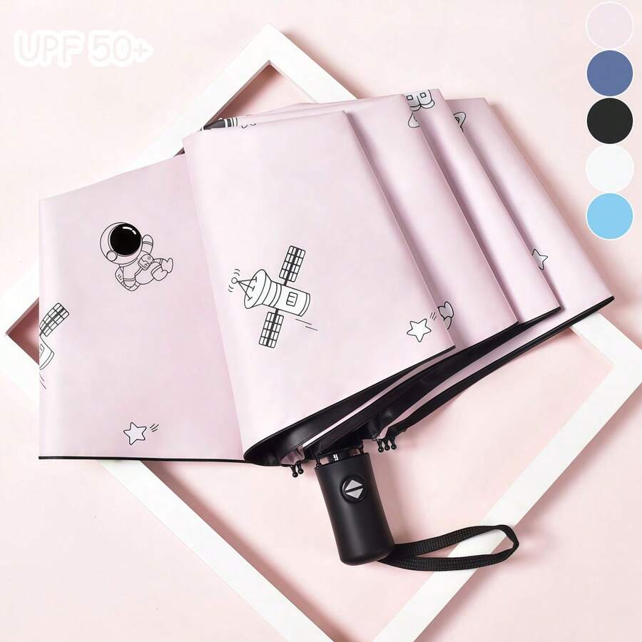 1pc New Summer Umbrella, Student Manual 3-Fold Compact Umbrella, Sky & People Series UV Protection - As Shown - View 1