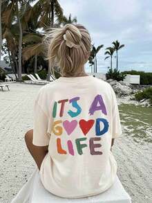 [Double-Sided Print] Women's Casual Summer Loose Fit T-Shirt, Hand-Painted Style, Heart Print And The Phrase "IT'S A GOOD", Round Neck, Short Sleeve, Drop Shoulder, Pure Cotton Oversized T-Shirt [Best Seller 1] 100% Cotton, Summer T-Shirts - 杏色 - 查看 4