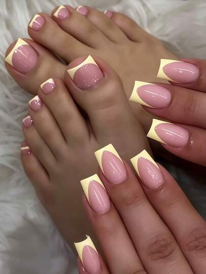 Transform Your Nails With 48pcs Short Square Shape Press On Nails And Toenails Fresh Spring Summer Fashion Creamy Yellow French Stripe Design False Nail Set Simple Everyday Light Yellow French Pattern With Nude Pink Base Press On Nails Full Coverage Fake Nail Tips For Women And Girls Includes 2sheet Adhesive Tabs & 2pcs Mini Fils Strip Jelly Gel Random Shipment