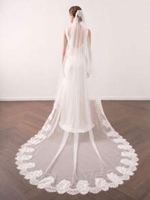 1 Pc Mantilla Cathedral Length 3M Wedding Veil Soft French Lace Applique Edge Ivory Bridal Veil With Comb For Bride - Ivory - View 2