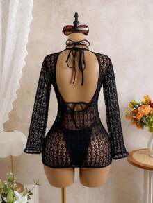 Conjunto de bikini de atar elegante y vintage de color marrón sólido para mujer, ideal para vacaciones y uso casual. Vestido con textura como cubierta de traje de baño, ropa de playa para primavera/verano - Negro - Ver 8