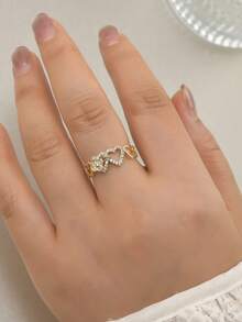 1pc Fashionable Heart Zirconia Open Ring, Sweet Luxury Gold Stackable Rings For Women, Y2K Style Pink & White Heart Zirconia Adjustable Gold Open Ring, Versatile Daily Wear, Multiple Styles Of Heart Drip Oil Rhinestone Rings, Gift For Girlfriend, Jewelry - Multicolor - View 16