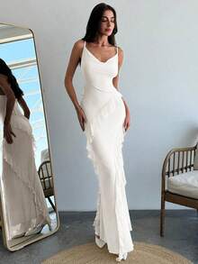 Vestido ceñido con tirantes finos, cuello drapeado y volantes para una cita romántica, para mujer.Vestidos de primavera/verano, regalo del Día de San Valentín, cita nocturna de San Valentín, "Sé mi Valentín", propuesta - Blanco - Ver 3