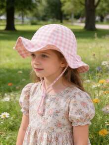 1pc Kids Pink Plaid Sun Hat, Adjustable Baby Girl Hat, Infant Summer Beach Bucket Hat, Girls Summer Sun Protection Bucket Hat - Multicolor - View 2