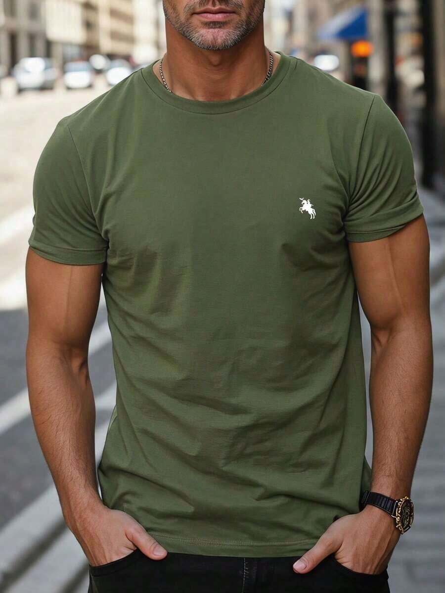 Minimalist Printed Short-Sleeved T-Shirt For Men, Versatile For Everyday Wear, Spring/Summer - 軍綠色 - 查看 1