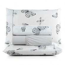 4-Piece Printed Sheet Set For Double Bed, 180 Thread Count, 100% Cotton, Soft Touch - Gray Butterfly - View 1