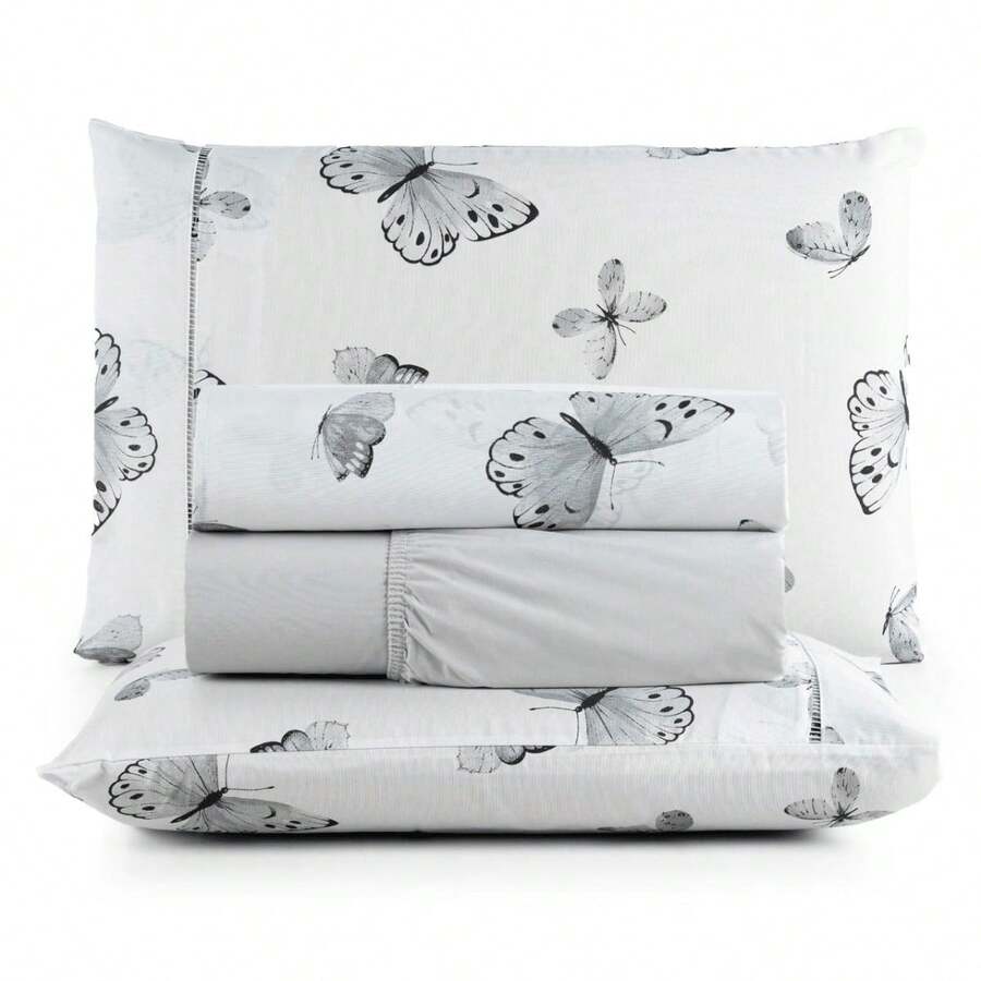 4-Piece Printed Sheet Set For Double Bed, 180 Thread Count, 100% Cotton, Soft Touch - Gray Butterfly - View 1