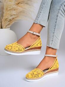 Giày sandal đế xuồng bằng vải lanh mới mùa hè dành cho nữ, sandal đế dày kiểu La Mã đan rỗng với quai điều chỉnh được. - Màu vàng - Xem 2