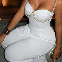 Slayr Spring/Summer Elegant Sexy Vacation Pearl Chain Decor Camisole Jumpsuit, Suitable For Wedding, Party - Blanco - Ver 6