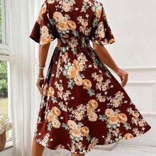 Boho Chic Blue Floral Print Shirred Waist A Line Midi Dress For Women With V Neck And Puff Sleeves - Rojo - Ver 9