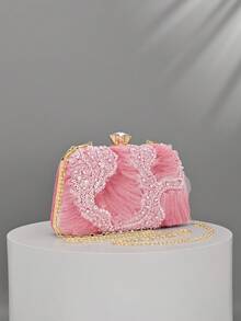 1pc Pink Sheer Sequin Evening Clutch, Gold Frame Formal Handbag Suitable For Wedding And Party (Random Cut) - Pink - View 2