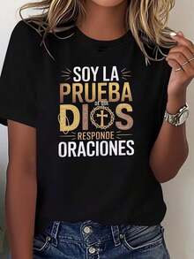 Camisetas manga corta mujer crew neck 100% Cotton T-shirt Soy La Prueba De Que Dios Responde Oraciones |     Camiseta Casual de Cuello Redondo para Mujer con Mangas Cortas y Tela Ligeramente Elástica para Primavera/Verano. Camiseta de Manga Corta con Estampado Floral para Mujer, Ligera y Elástica, con Cuello Redondo, Ideal para Actividades al Aire Libre y Ropa Urbana. - Negro - Ver 6