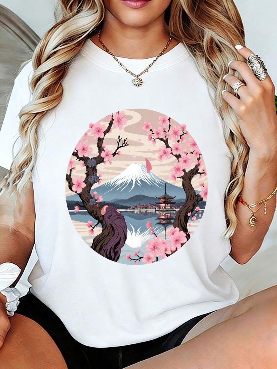 Women's Japanese Landscape T-Shirt - White Graphic Tee With Mountain, Cherry Blossom, And Pagoda Art, Soft And Breathable Summer Casual Top, Perfect Gift For Women, Anime Lovers, And Fans - 白色 - 查看 1