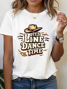 Talla grande, camiseta de mujer de talla grande con estampado gr£fico "IT's LINE DANCE TIME", manga corta, cuello redondo, top casual para verano y primavera, ropa de mujer - Blanco - Ver 2