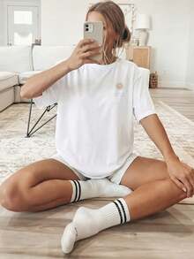 [Double-Sided Print] Women's Spring/Summer Loose Casual Clothing, Short-Sleeve Crew Neck T-Shirt, Sun And Wave Print - Vintage Urban Style, Unisex Cotton Loose Short-Sleeve Crew Neck T-Shirt - 白色 - 查看 3