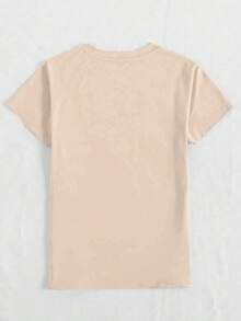 Camiseta de algodón estampada de corte holgado para mujer, cuello redondo, manga corta, casual, para vacaciones, primavera/verano, lavable a máquina. OQD9 - Albaricoque - Ver 2