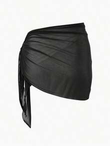 Falda pareo de malla de color sólido, perfecta para vacaciones en la playa. - Negro - Ver 2
