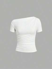 Camiseta de moda de manga corta con hombros oblicuos y ajustada de unicolor para mujer, verano - Multicolor 5 - Ver 7