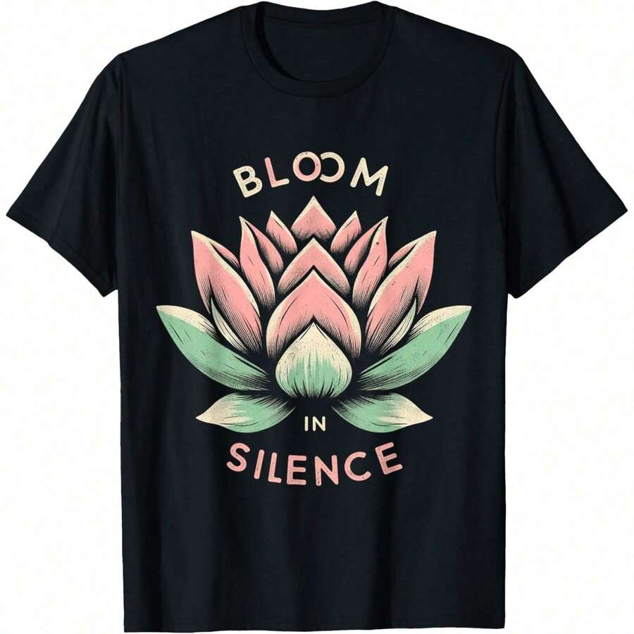 Lotus Flower Tee - Bloom In Silence - Zen Yoga & Meditation T-Shirt - 黑色 - 查看 1
