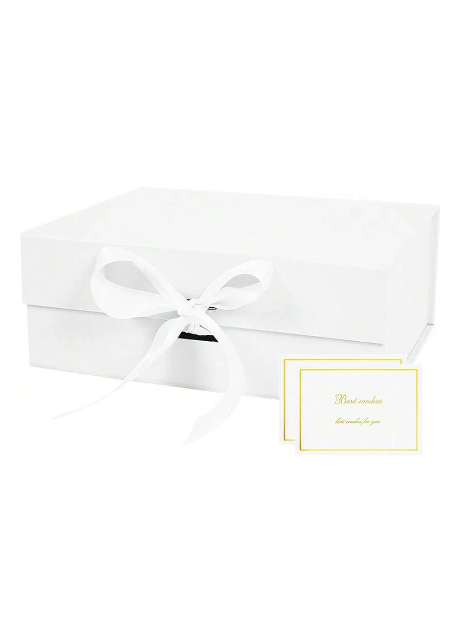 White Gift Box With Ribbon, Suitable For Groomsmen Gifts, With Magnetic Closure, Foldable Rectangular Luxury Gift Box, Perfect For Weddings, Christmas, Halloween And Birthdays - White - View 1