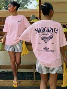 Women's Casual Loose Fit Beach T-Shirt With Lobster Stripe And Letter Print, Summer Beach Shirt, Pastel Colors, Suitable For Vacations, Graduation Trips, Beach Parties, Music Festivals - 淡粉紅色 2 - 查看 7