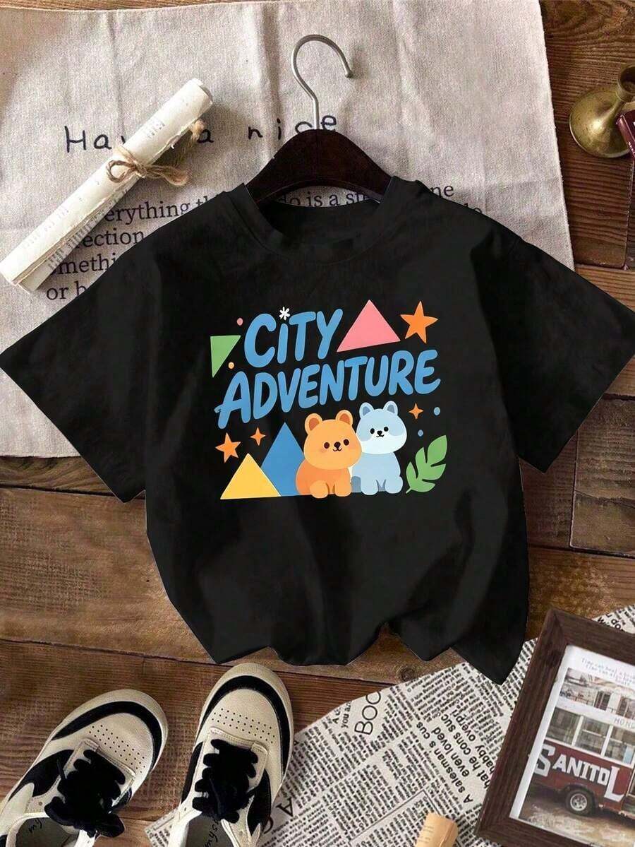 Camiseta de "City Adventure", Ropa Casual y Moderna para Niños - Negro - Ver 1