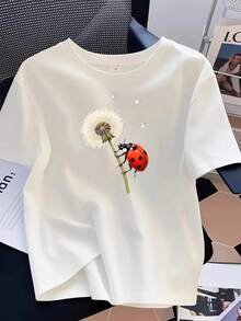 Camiseta de manga corta con cuello redondo para mujer de talla grande, 100% algodón puro, con estampado de diente de león e insectos, es cómoda para el hogar y simplifica la elección de ropa diaria y alivia las dificultades de decisión. - Blanco - Ver 7