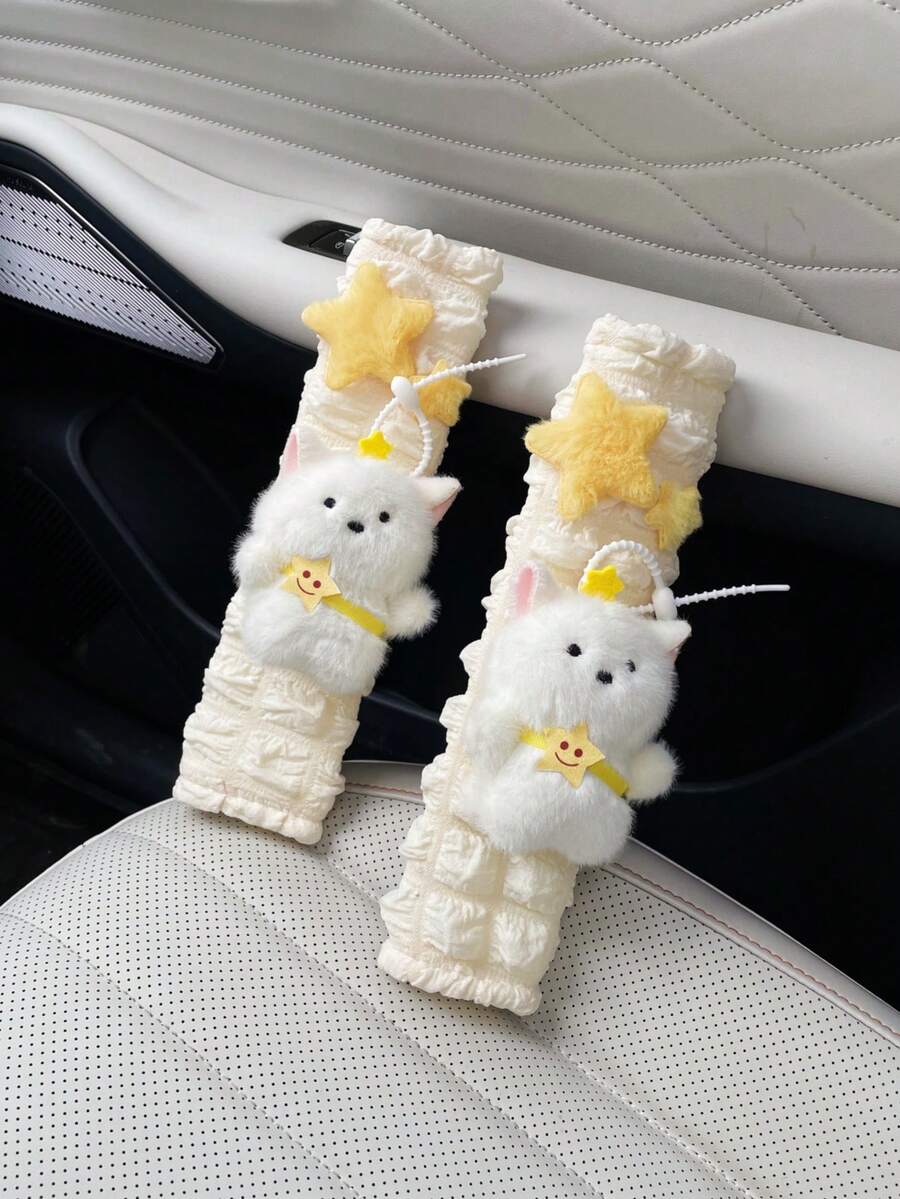 新款星星泰迪熊汽车安全带套,可爱毛绒娃娃安全带肩垫保护套 - 多色 - 查看 1