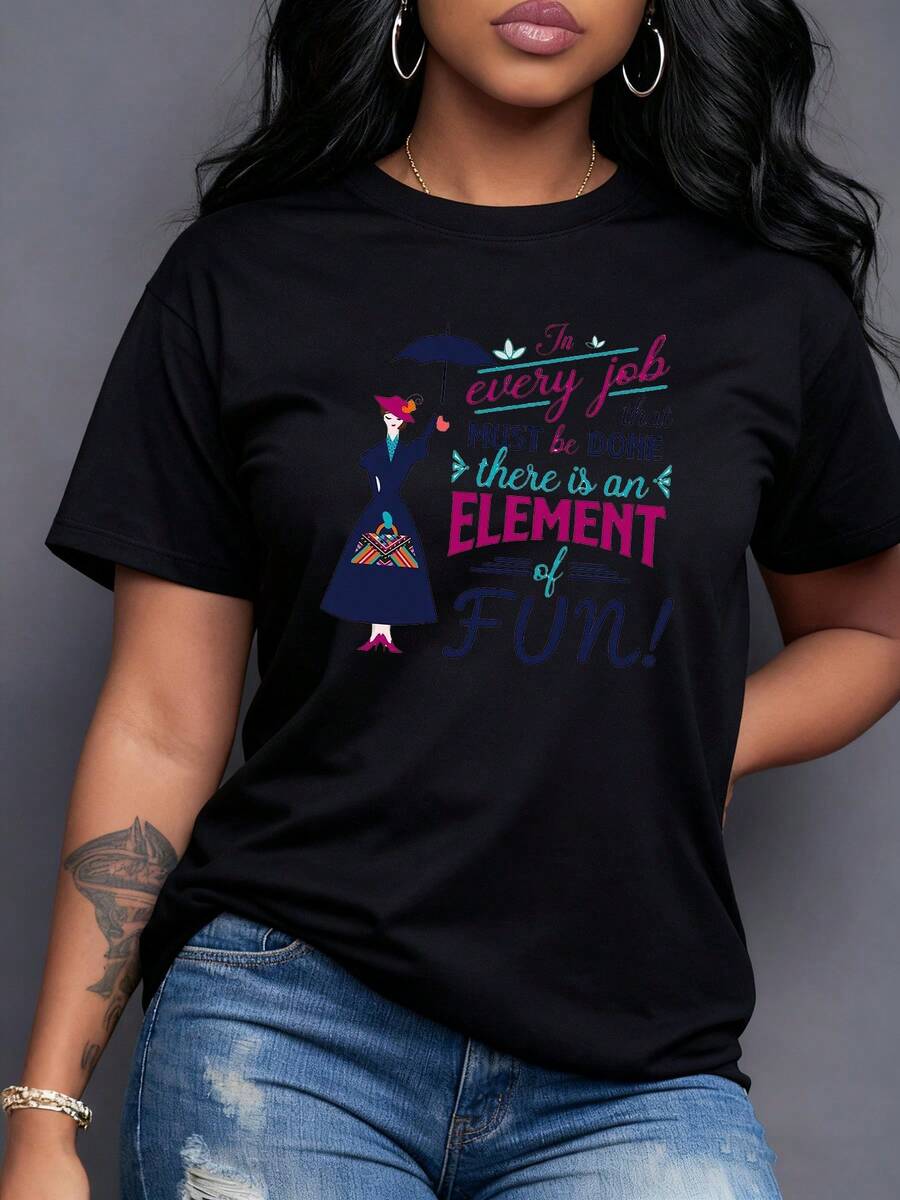 Figura de mujer elegante con paraguas y frase motivacional sobre disfrutar cada tarea y hallar diversión en todo lo que hacemos camiseta de mujer moderna y cómoda para uso diario - Negro - Ver 1