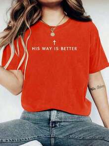 His Way Is Better Christian T-Shirt, Comfortable Color, Cute Christian Merchandise, Jesus T-Shirt, Simple Christian Faith Gift For Teens, Christian Clothing, Loose And Comfortable, Tops, Summer Tops, Summer Clothes For Women, Summer - 紅色 - 查看 6