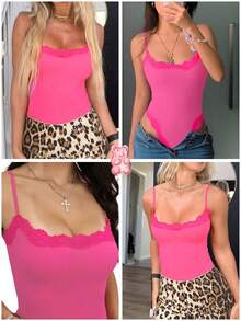 ZZL Body de Encaje con Escote Cuadrado| Top de Tirantes Finos Sin Mangas| Ropa Interior Sensual y Jumpsuit Casual para Mujer - Negro - Ver 9